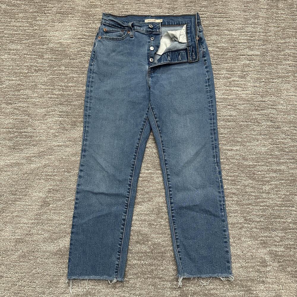 Levis Wedgie Straight Jeans Womens 29 Blue High Rise Raw Hem Button Fly Crop